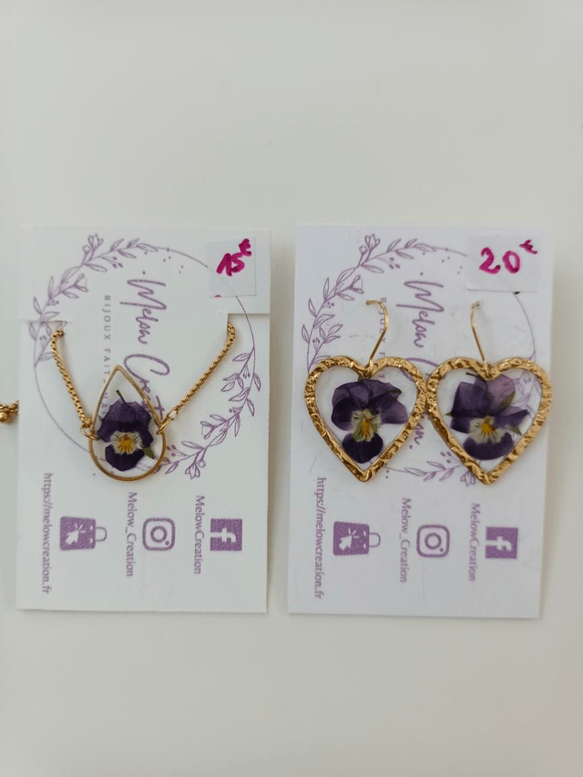 Parure - Bracelet & boucles d'oreilles - Pensées - Violet