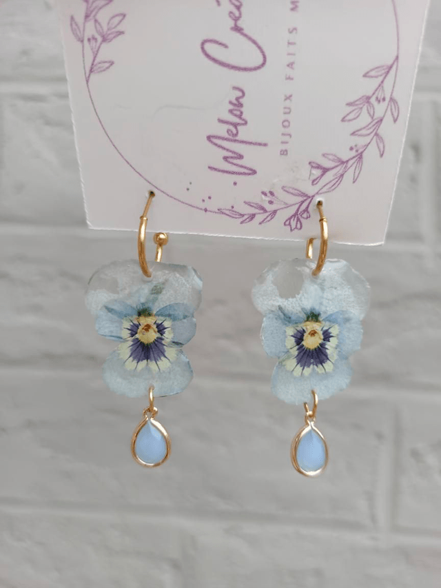 Parure collier + boucles - Pensées Bleues claires