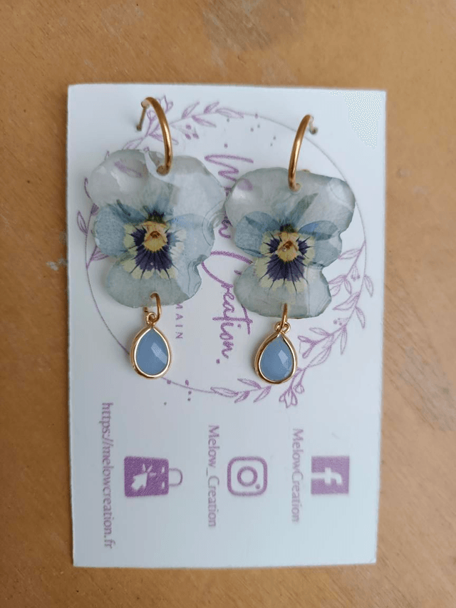 Parure collier + boucles - Pensées Bleues claires