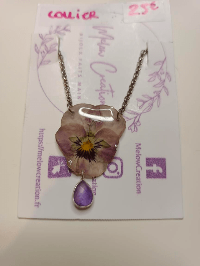 Collier Fleur séchée Pensée Améthyste