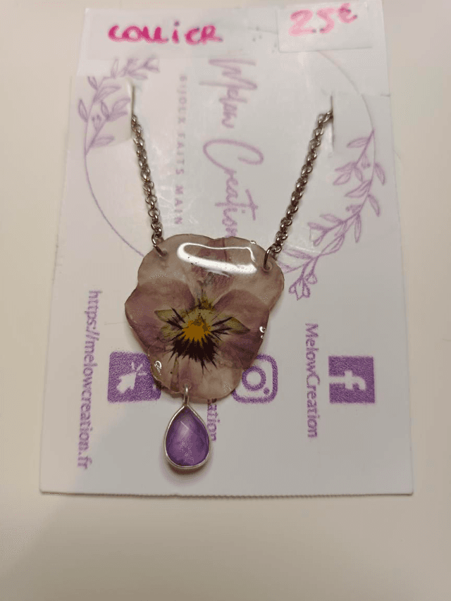 Collier Fleur séchée Pensée Améthyste