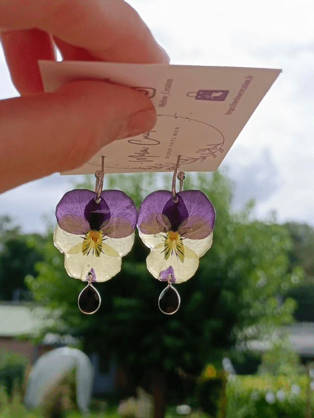 Boucles Pensées Violet/Jaune &amp; Strass Noir